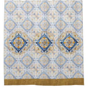 Blauw Goud Wit Vietri Talavera Azulejo lookTegel Douchegordijn