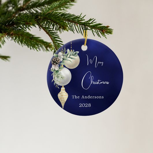 Blauw goud witte kerstballen keramisch ornament