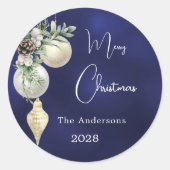 Blauw goud witte kerstballen ronde sticker (Voorkant)