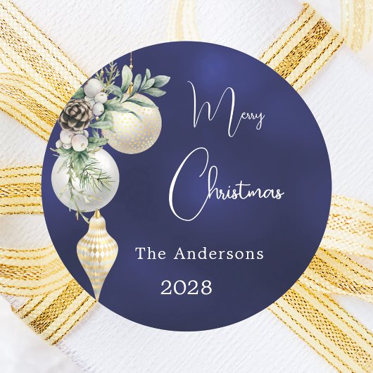 Blauw goud witte kerstballen ronde sticker
