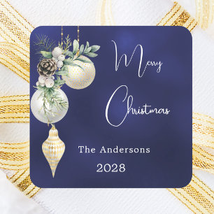 Blauw goud witte kerstballen vierkante sticker