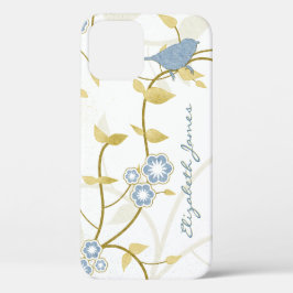 Blauw Goud Witte Vogels Bloemen Gepersonaliseerd Case-Mate iPhone Case