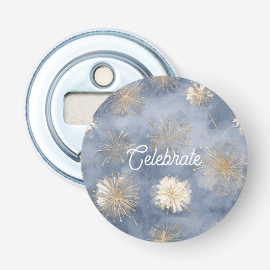 Blauw Goud Witte Vuurwerk Vieren Button Flesopener (Voorkant)