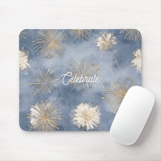 Blauw Goud Witte Vuurwerk Viering Muismat (Met muis)