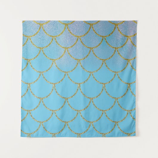 Blauw & Goud Zeemeermin Party Achtergrond Wandkleed (Voorkant)