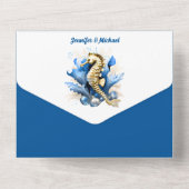 Blauw goud zeepaardkoraal zomer strand thema all in one uitnodiging (Achterkant)