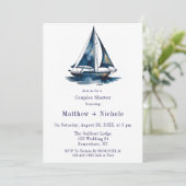 Blauw & Goud Zeilboot Nautisch Trouw Bruiloft Kaart (Staand voorkant)