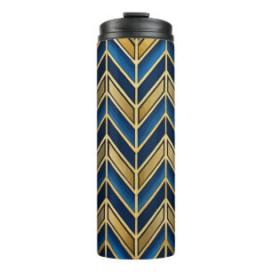 BLAUW & GOUD ZIG ZAG ART DECO PATROON THERMOSBEKER