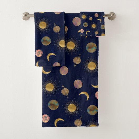 Blauw Goud Zon Maan Planeten Ruimte illustratie Bad Handdoek (Insitu)