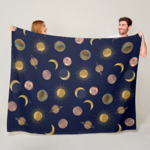 Blauw Goud Zon Maan Planeten Ruimte illustratie Fleece Deken