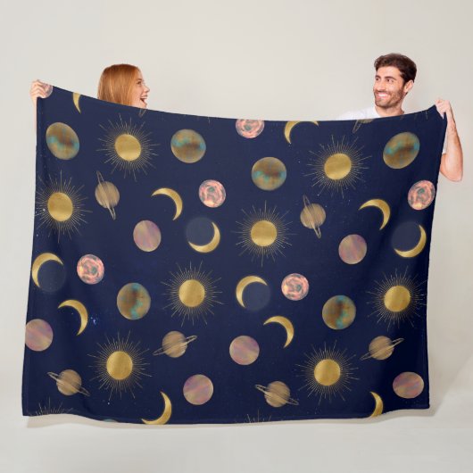 Blauw Goud Zon Maan Planeten Ruimte illustratie Fleece Deken (In situ)