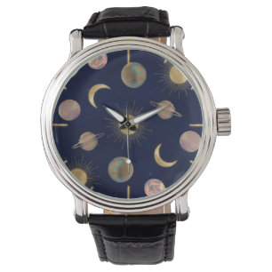 Blauw Goud Zon Maan Planeten Ruimte illustratie Horloge