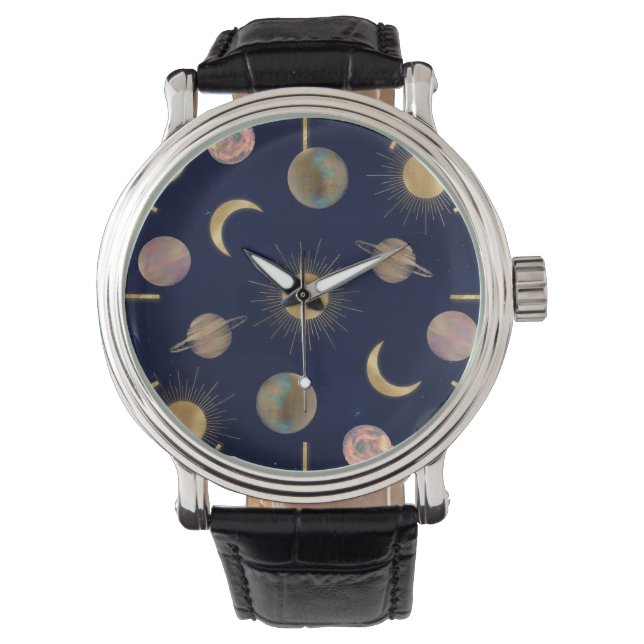 Blauw Goud Zon Maan Planeten Ruimte illustratie Horloge (Voorkant)