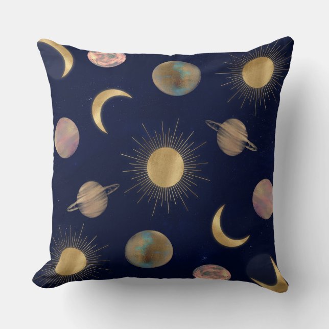 Blauw Goud Zon Maan Planeten Ruimte illustratie Kussen (Voorkant)