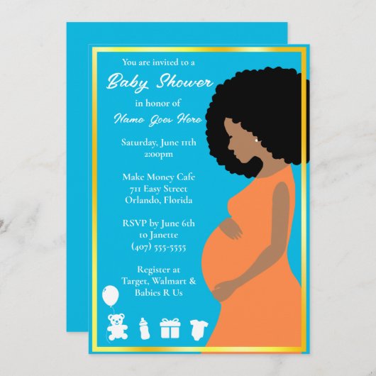  blauw goud | Zwangerschap Downloadbaar Kaart (Voorkant / Achterkant)