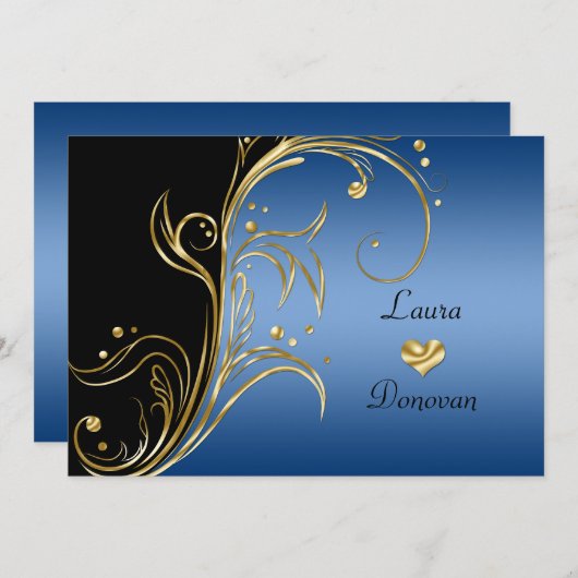 Blauw Goud Zwart Bloemige Krullen Ontvangst Only Kaart (Voorkant / Achterkant)