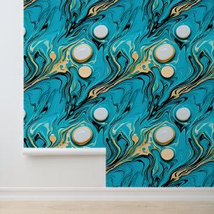 Blauw, Goud, Zwart en Wit Abstract Behang