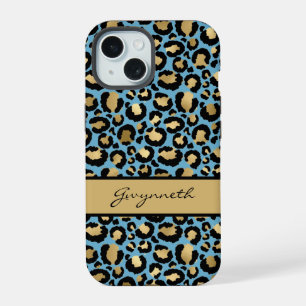 Blauw Goud Zwart Luipaardprint met Uw Naam iPhone 15 Case