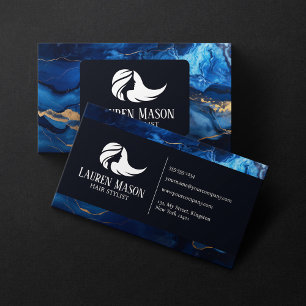 Blauw Goud Zwart Marmer Haarstylist Kapsalon Visitekaartje