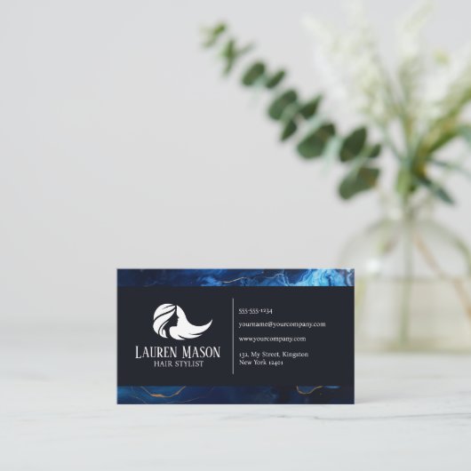 Blauw Goud Zwart Marmeren Haar Stylist Haarsalon Visitekaartje (Staand voorkant)