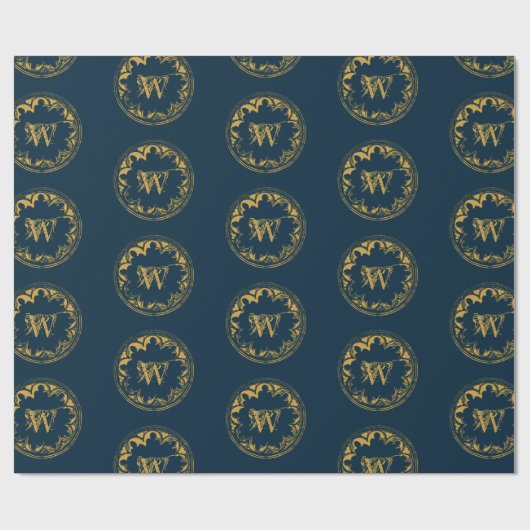 Blauw & goudbijtend  monogram cadeaupapier (Vlak)
