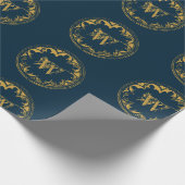 Blauw & goudbijtend  monogram cadeaupapier (Hoek)