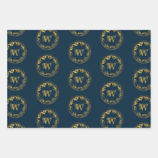 Blauw & goudbijtend  monogram inpakpapier vel (Voorkant 3)