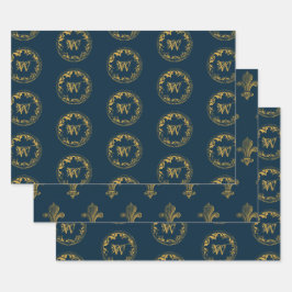 Blauw & goudbijtend monogram inpakpapier vel