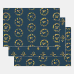 Blauw & goudbijtend  monogram inpakpapier vel