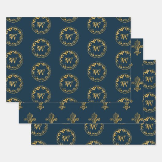 Blauw & goudbijtend  monogram inpakpapier vel (Set)