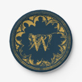 Blauw & goudbijtend  monogram papieren bordje (Voorkant)