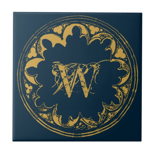 Blauw & goudbijtend  monogram tegeltje (Voorkant)