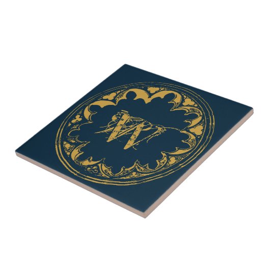 Blauw & goudbijtend  monogram tegeltje (Zijkant)
