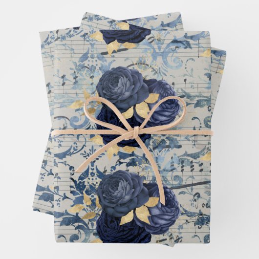  blauw goudblauw Damaspatroon Inpakpapier Vel (In situ)