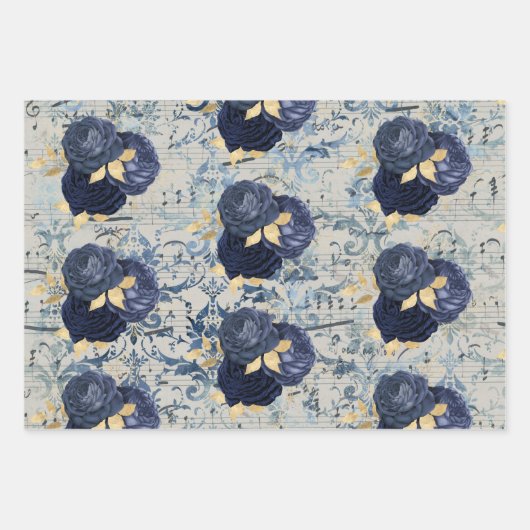  blauw goudblauw Damaspatroon Inpakpapier Vel (Voorkant)