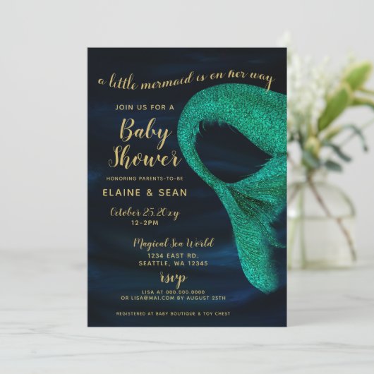 Blauw goudbollen Zeemeermin Baby shower Kaart (Staand voorkant)