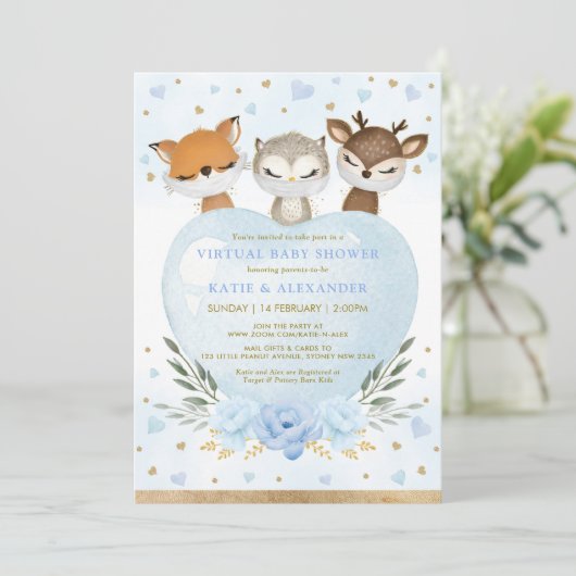 Blauw goudbos Lieverd virtueel Baby shower Kaart (Staand voorkant)