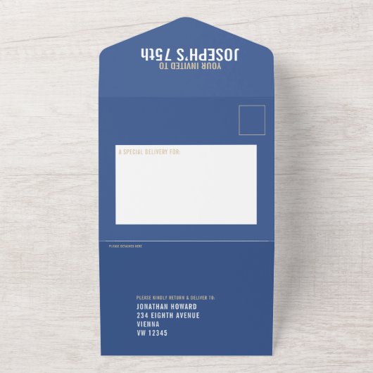 Blauw goudbruin drie foto's 75e verjaardagsfeestje all in one uitnodiging (Buitenkant)