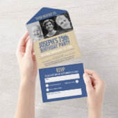 Blauw goudbruin drie foto's 75e verjaardagsfeestje all in one uitnodiging (Afscheurbaar)