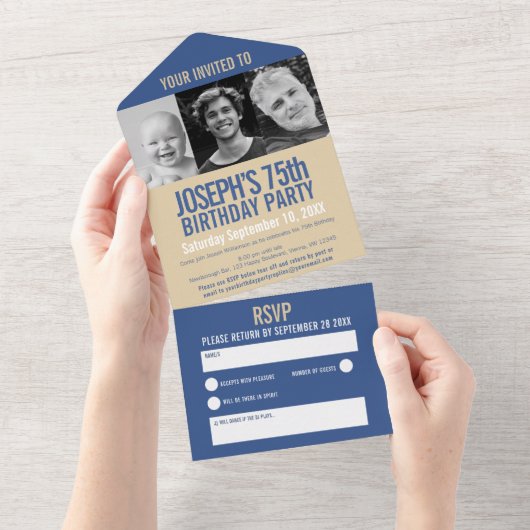 Blauw goudbruin drie foto's 75e verjaardagsfeestje all in one uitnodiging (Afscheurbaar)