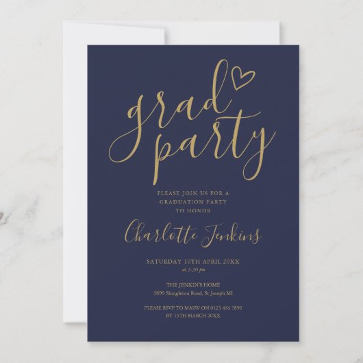 Blauw Gouden Afstudeerfeest Script Hart Afstudeerf Kaart (Voorkant)