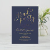 Blauw Gouden Afstudeerfeest Script Hart Afstudeerf Kaart (Staand voorkant)