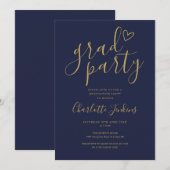 Blauw Gouden Afstudeerfeest Script Hart Afstudeerf Kaart (Voorkant / Achterkant)
