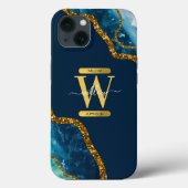 Blauw & Gouden Agaat Geode Monogram Case-Mate iPhone Case (Achterkant)