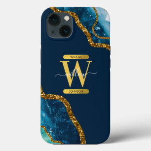 Blauw & Gouden Agaat Geode Monogram Case-Mate iPhone Case