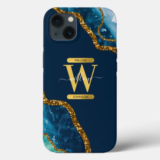 Blauw & Gouden Agaat Geode Monogram Case-Mate iPhone Case (Achterkant)