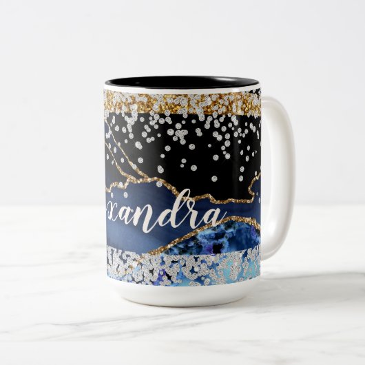 Blauw Gouden Agaat met Gouden & Diamantaccenten Tweekleurige Koffiemok (Voorkant rechts)