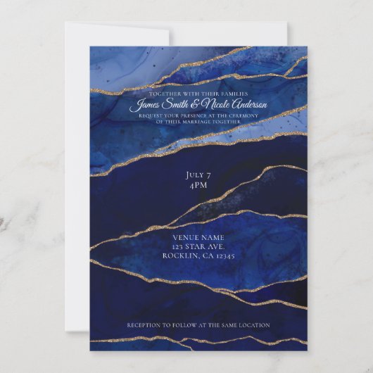 Blauw & Gouden Agaat Moderne Glam Minimale Bruilof Kaart (Voorkant)