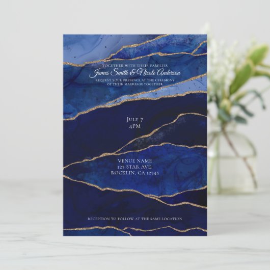 Blauw & Gouden Agaat Moderne Glam Minimale Bruilof Kaart (Staand voorkant)