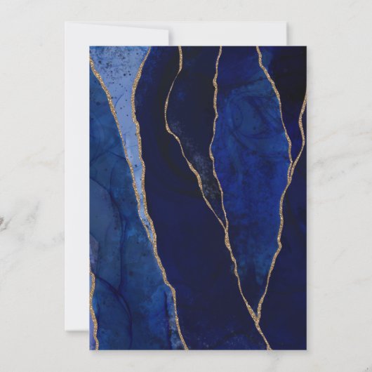 Blauw & Gouden Agaat Moderne Glam Minimale Bruilof Kaart (Achterkant)